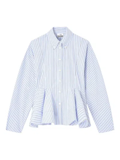 Ganni Stripe Peplum Cotton Shirt In Blue