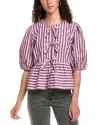Ganni Stripe Peplum Puff Sleeve Blouse