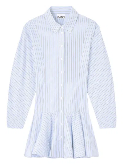 Ganni Stripe Print Cotton Mini Dress With Classic Collar And Ruffled Hem In Blue