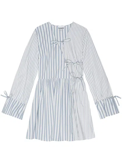 Ganni Stripe-print Cotton Mini Wrap Dress In White