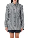 Ganni Stripe Cotton Shirt Black In Multi