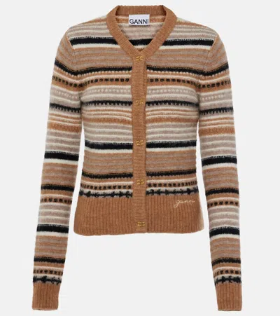 Ganni Striped Alpaca Wool-blend Cardigan In Brown