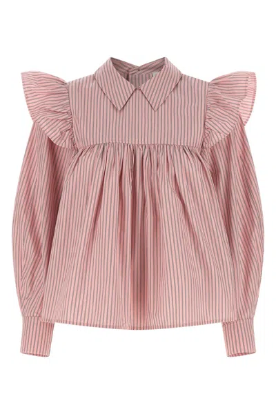 Ganni Striped Blouse With Ruffled Shoulders In Pink