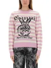 Ganni Striped Sweater With Rabbit In Pink