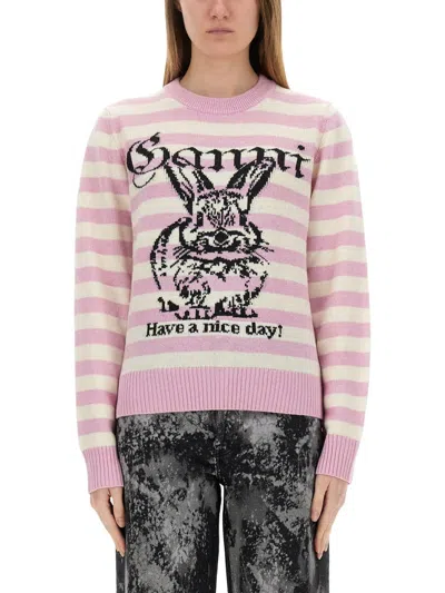 Ganni Striped Graphic Wool Mix Bunny Crewneck In Multi
