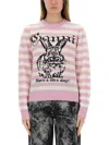 Ganni Striped Sweater With Rabbit In Pink