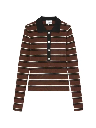 Ganni Striped Button-embellished Polo Shirt In Brown