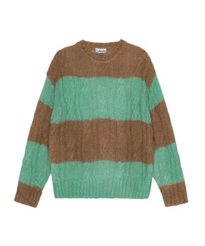 GANNI STRIPED MOHAIR CABLE O-NECK SWEATER