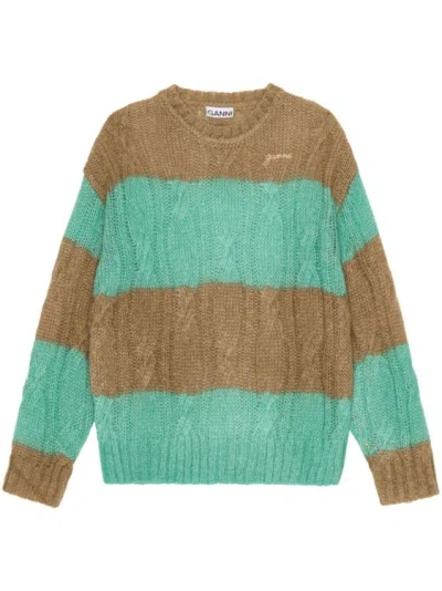 Ganni Striped Cable-knit Merino Wool-blend Sweater In Multi