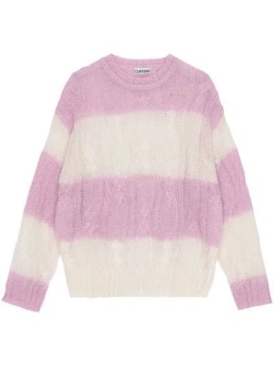 Ganni Striped Cable-knit Jumper In Pink