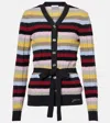 GANNI STRIPED CABLE-KNIT WOOL-BLEND CARDIGAN