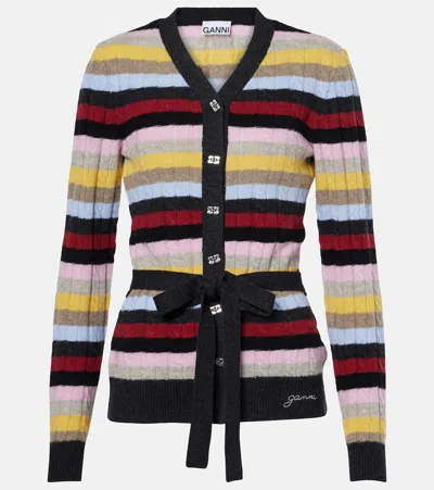 GANNI STRIPED CABLE-KNIT WOOL-BLEND CARDIGAN