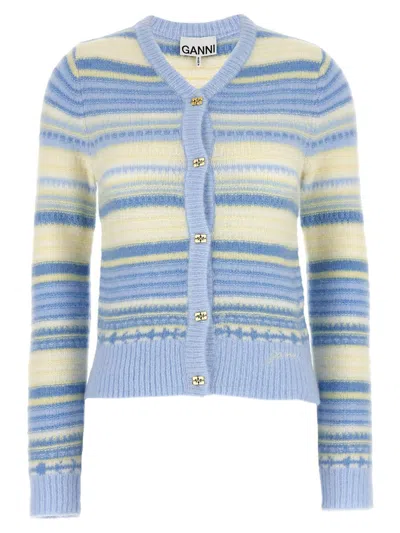 Ganni Striped Cardigan In Blue