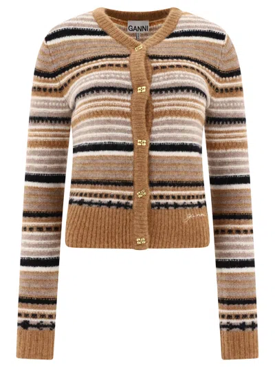 Ganni Striped Cardigan Knitwear Brown In Neutral