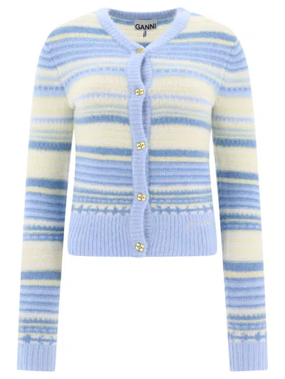 Ganni Striped Cardigan Knitwear Light Blue