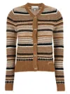 Ganni Multicolor Striped Cardigan With Logo Embroidery In Wool Woman In Beige