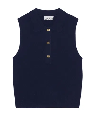 Ganni Striped Cashmere Sleeveless Polo In Blue