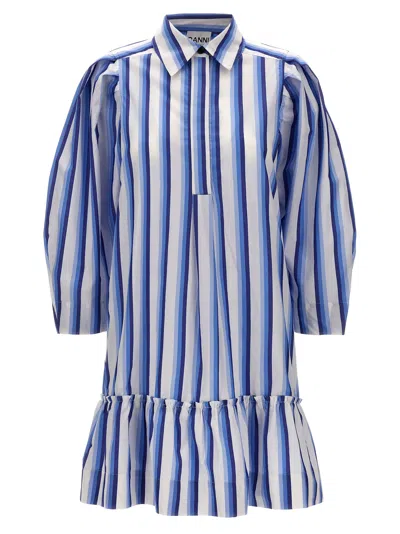 Ganni Striped Chemisier Dress In Light Blue