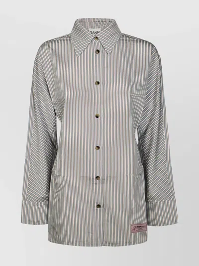 Ganni Striped Collared Shirt Long Sleeves In Gray