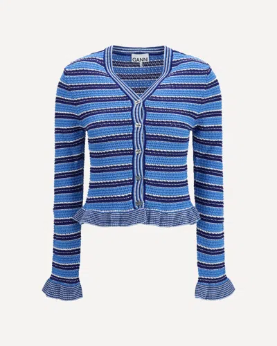 Ganni Striped Cotton Cardigan In Blue