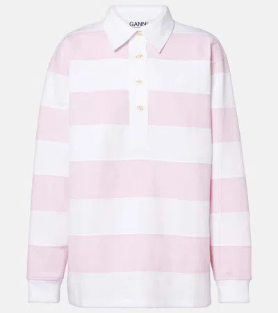 Ganni Striped Cotton Jersey Polo Sweater In Mauve Chalk