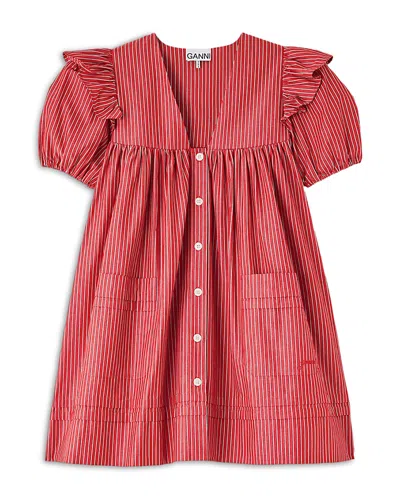 Ganni Striped Ruffled Mini Dress In Red