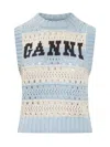 Ganni Openwork Striped Knit Top In Blue