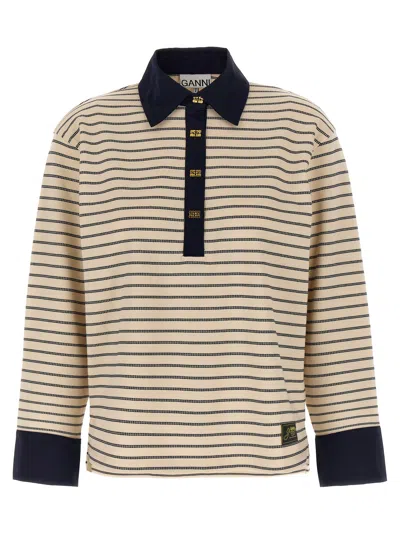 Ganni Striped Cotton Polo Shirt In Multi
