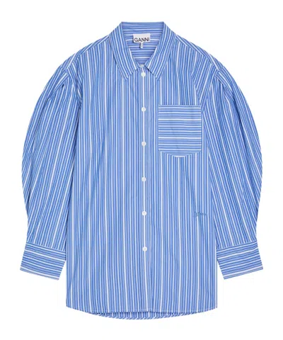 Ganni Striped Cotton Shirt In Blue