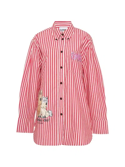 Ganni Stripe Cotton Shirt In Multi