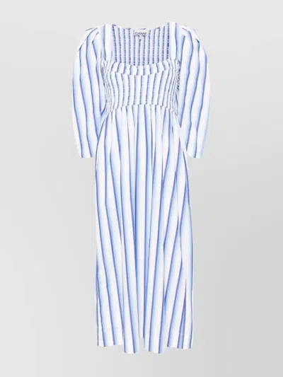 Ganni Striped Poplin Midi Dress In Blue