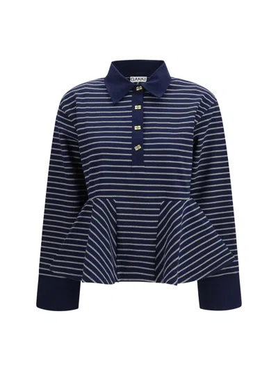 Ganni Striped Cotton With Peplum Polo Shirt In Blue