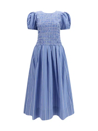 Ganni Striped Cotton With Puff Sleeves Dress In Animal Print