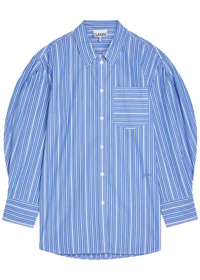 Ganni Striped Cotton-poplin Shirt In Blue