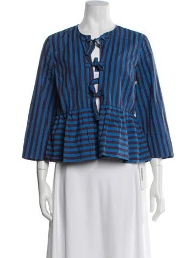 Pre-owned Ganni Striped Crew Neck Blouse In Blue