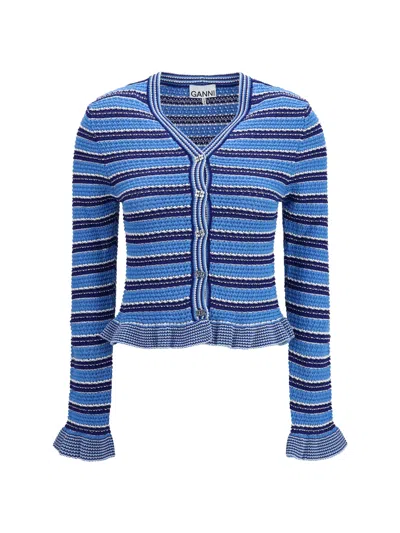 Ganni Striped Crochet Cotton Cardigan In Multi