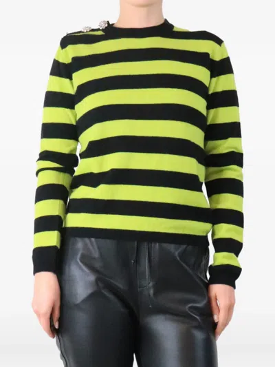 Pre-owned Ganni Striped Crystal-button Sweater In Green
