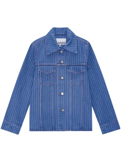 Ganni Striped Denim Jacket With Logoed Buttons In Blue