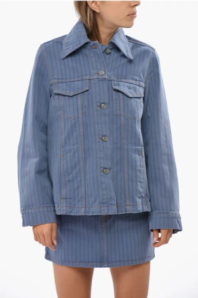 GANNI STRIPED DENIM JACKET WITH LOGOED BUTTONS