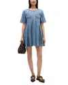 Ganni Striped Denim Pleated Dress In Blue