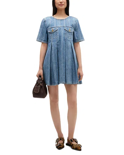 Ganni Striped Denim Pleated Dress In Blue