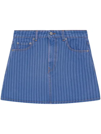 Ganni Striped Overdyed Denim Mini In Blue