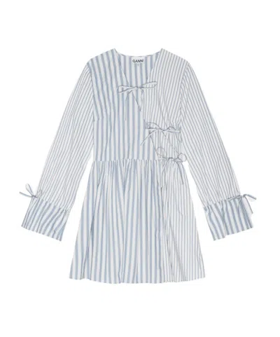GANNI BLUE STRIPE COTTON MINI WRAP DRESS