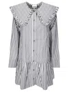 Ganni Striped Dress With Wide Collar And Ruffles In Grey