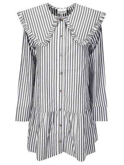 Ganni Striped Dress With Wide Collar And Ruffles In Grey