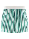 Ganni Stripe Elastic Waist Organic Cotton Shorts In Green