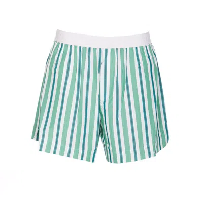 Ganni Stripe Elastic Waist Organic Cotton Shorts In Green