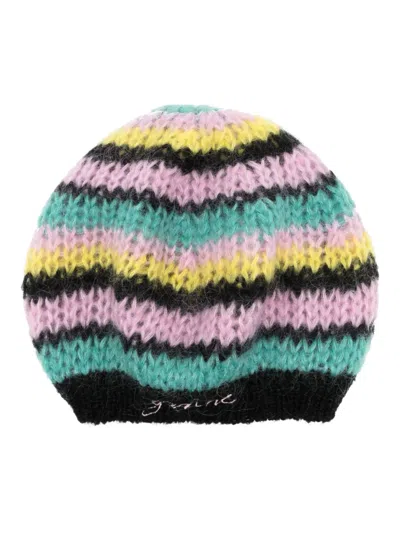 Ganni Striped Embroidered Logo Beret In Multi