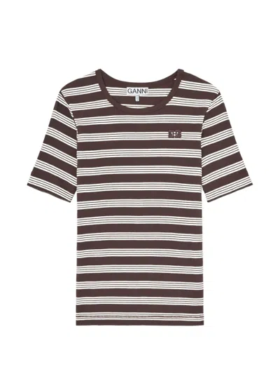 Ganni Striped Embroidered T-shirt In Brown