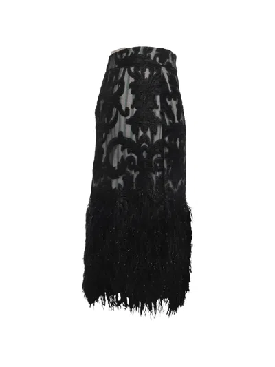 Pre-owned Ganni Striped Feather-trim Skirts In Black